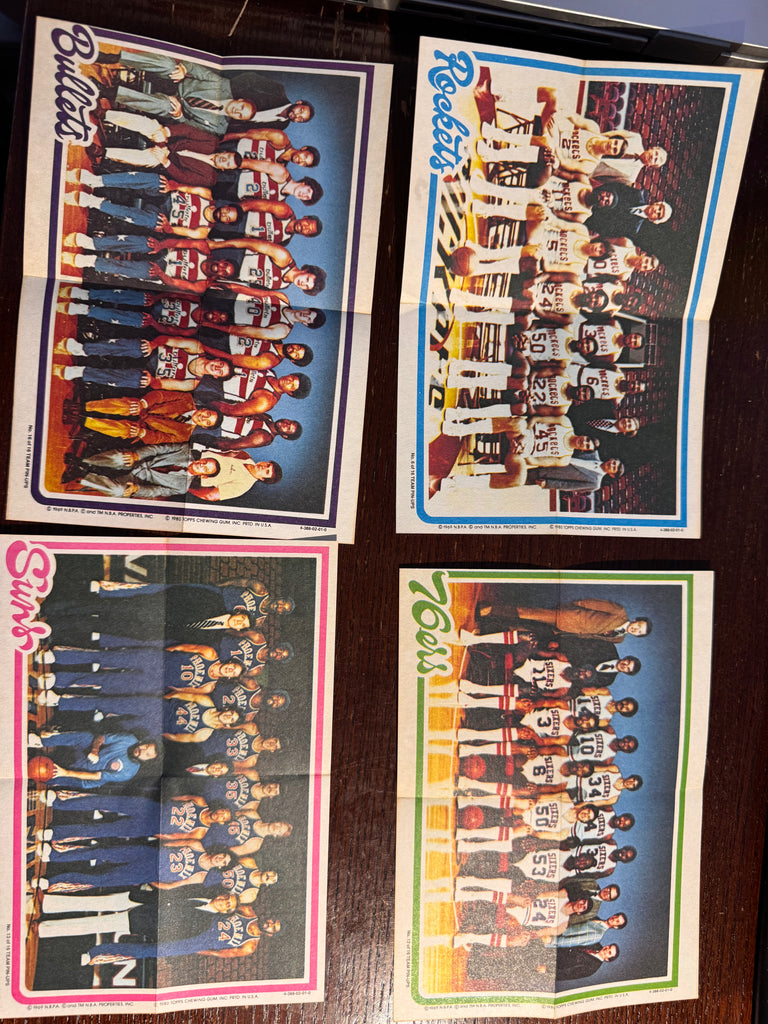 1980 Topps Basketball Pinups lot of 4 - 76ers (Dr J), Suns, Bullets, Rockets - Mint - Pack Fresh