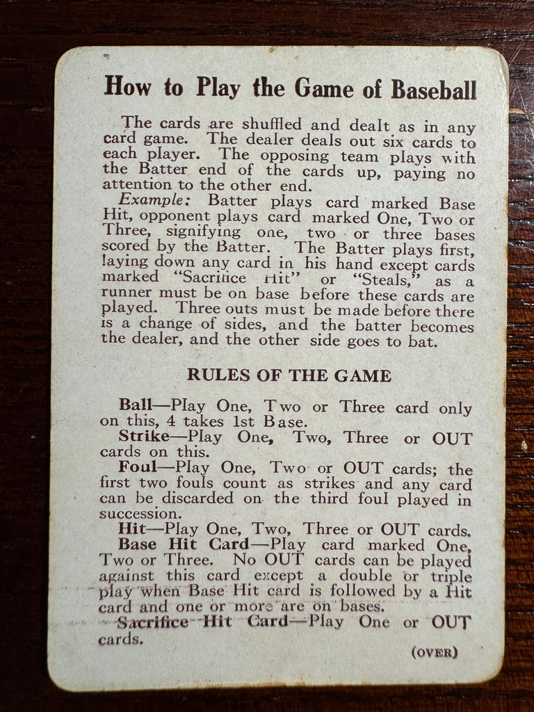 1913 National Game WG5 - Rules Card - RARE!