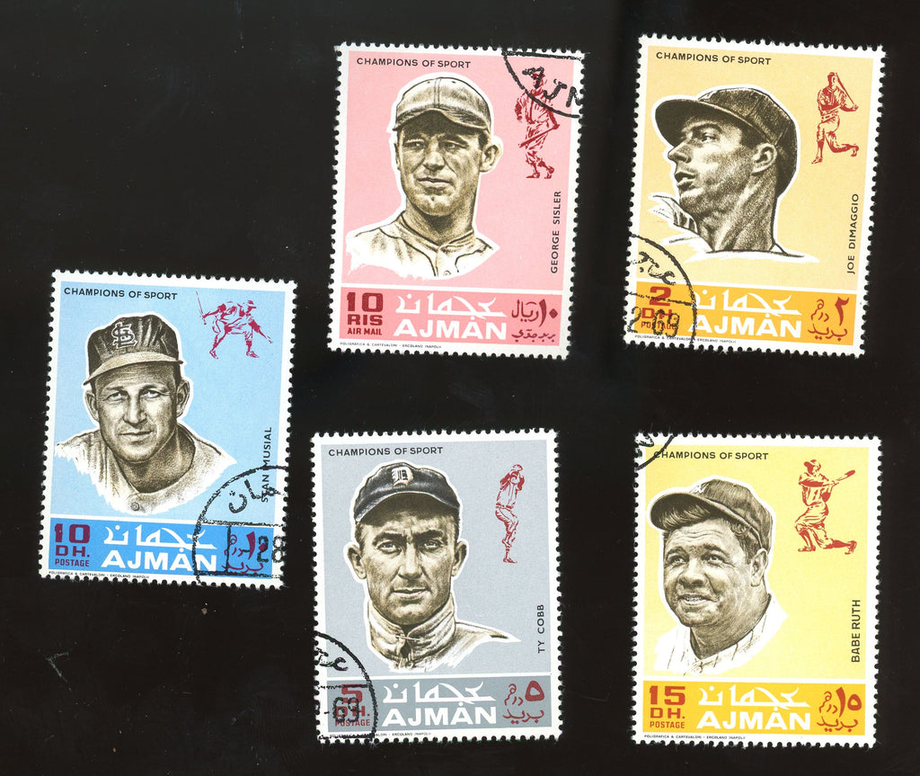 1969 Ajman Champions of Sports Baseball Stamps (5) Cobb, Ruth, DiMaggio, Sisler, Musial